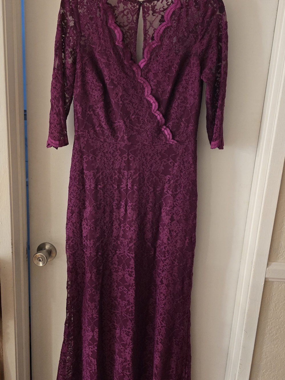 Signature by Sangria Plum Lace Gown with Scalloped V-Neck